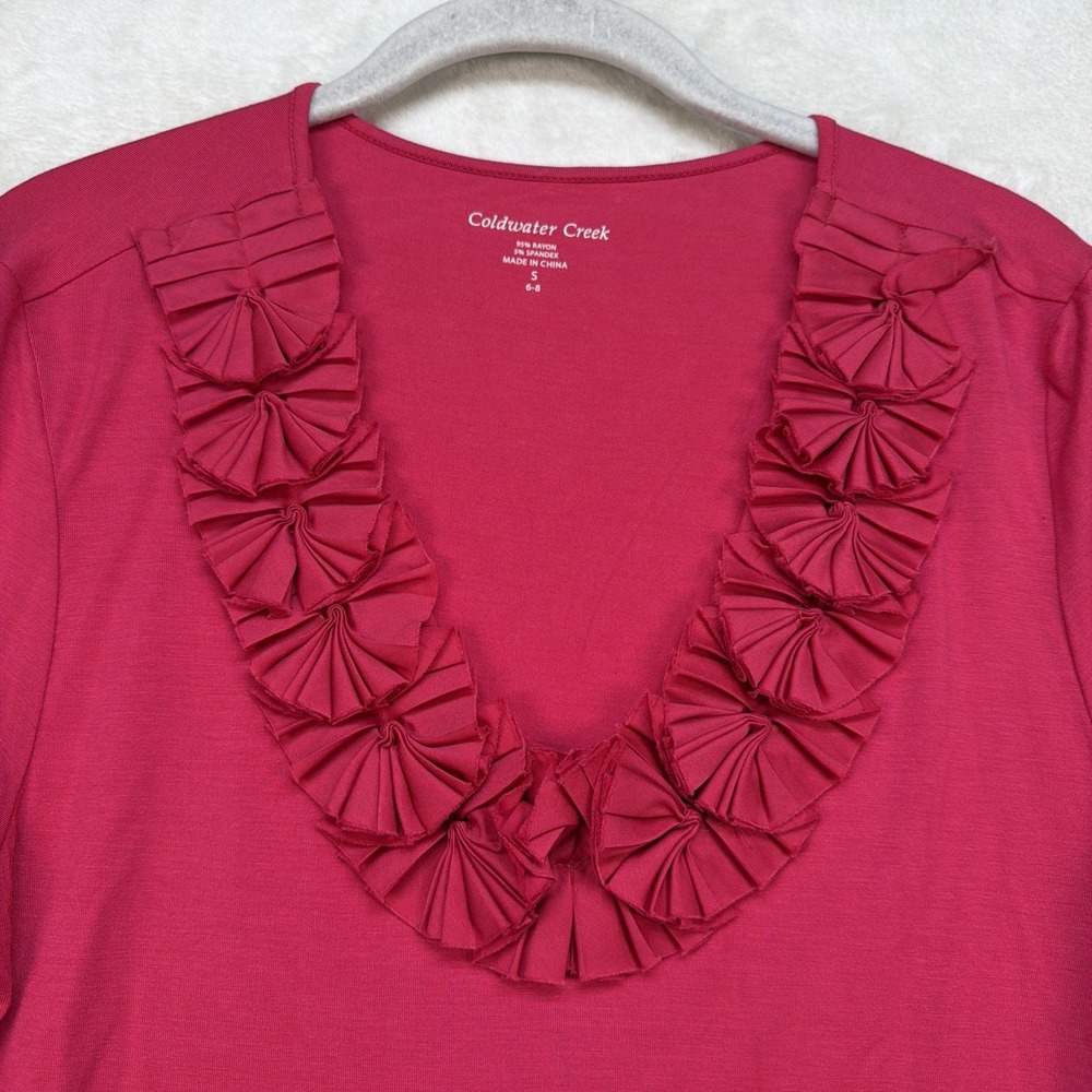 Coldwater Creek Floral Rosette V Neck Top Women's‎ Small Pink 3/4 Sleeve NWT